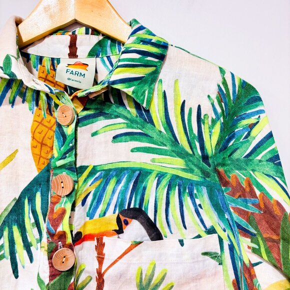 FARM RIO Toucan Paradise Linen Romper Green Beige | Tropical | Small * - Picture 4 of 11